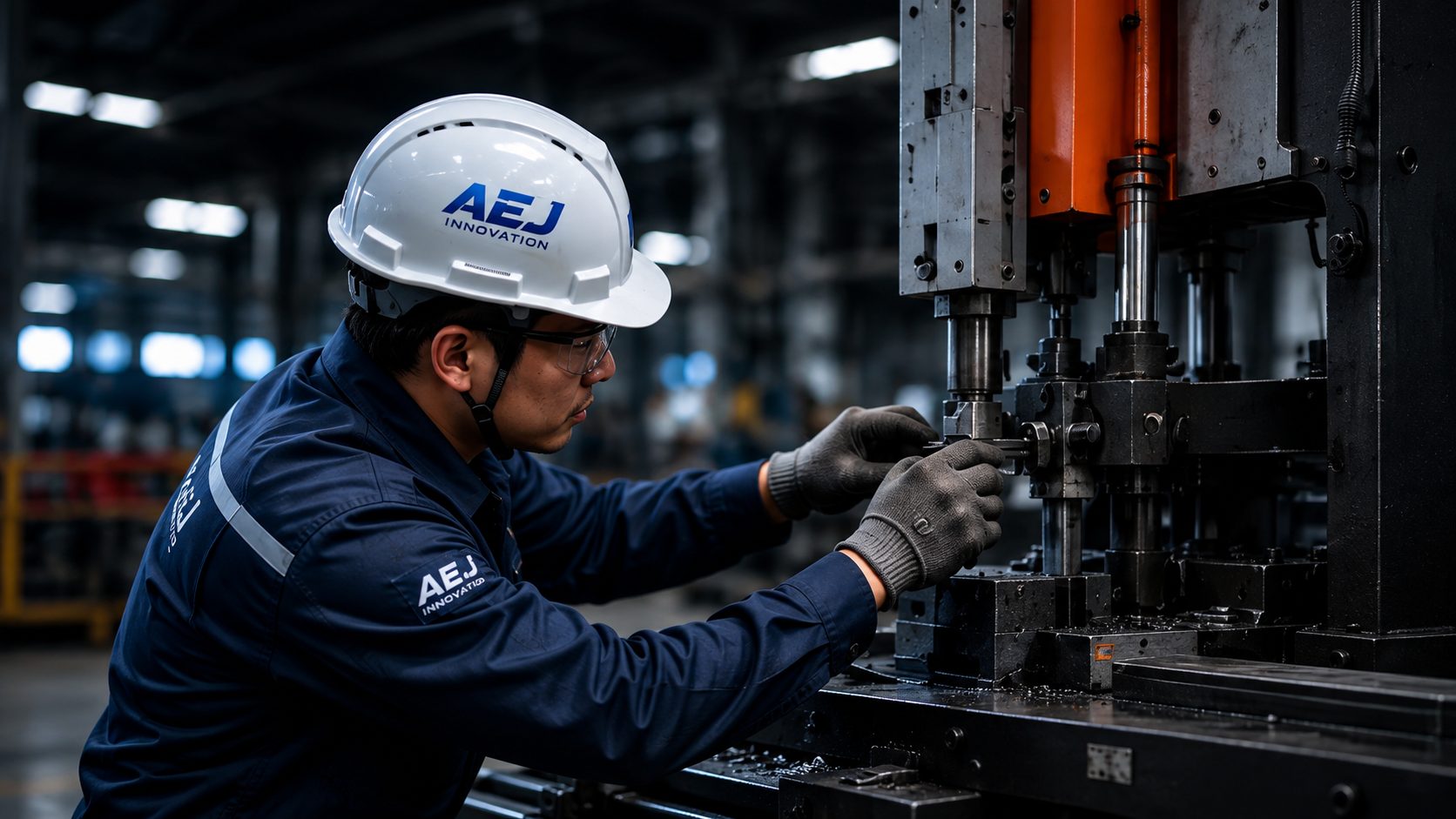 An AEJ Innovation technician setting up a bandsaw on a customer's shop floor